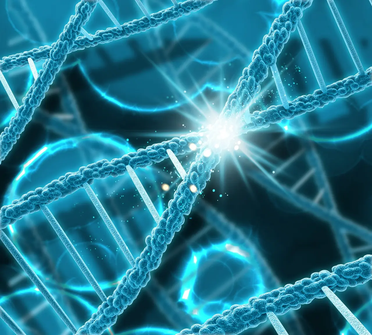 DNA-Strang mit einem Lichtblitz in der Mitte 
